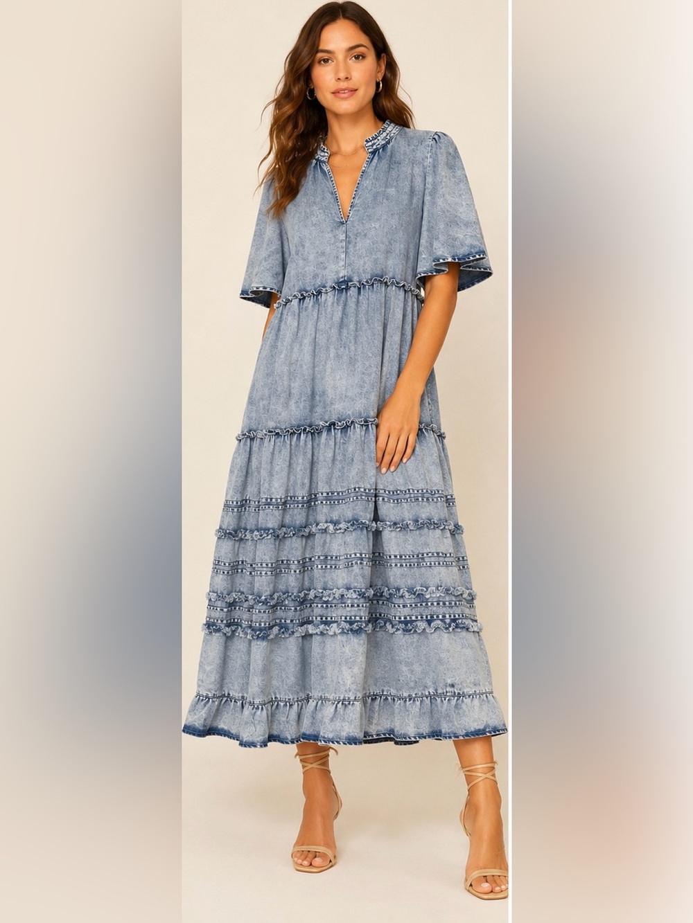 Blue Velvet Tiered Midi Dress with Ruffle Trim - Pockets! NWT